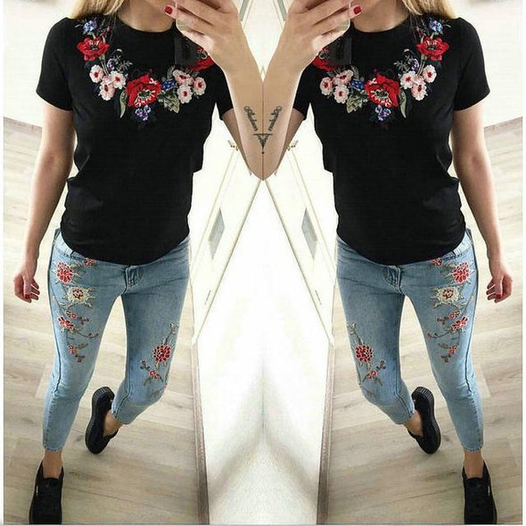 Floral Embroidery Summer T-Shirt