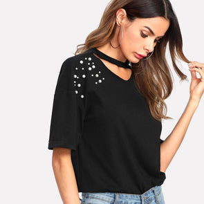 Pearl Beaded Black Tshirt