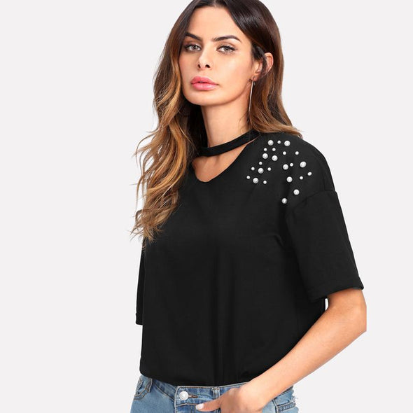 Pearl Beaded Black Tshirt