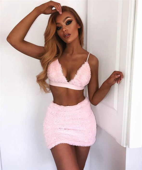 Faux fur pink two piece